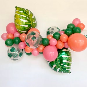 Tropical Balloon Garland DIY Kit, Pink Coral Green Balloons, Tropical Leaf, Bridal Shower, Baby Shower, First Birthday Ideas, Tropical Theme