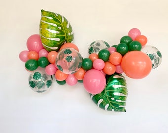 Tropical Balloon Garland DIY Kit, Pink Coral Green Balloons, Tropical Leaf, Bridal Shower, Baby Shower, First Birthday Ideas, Tropical Theme