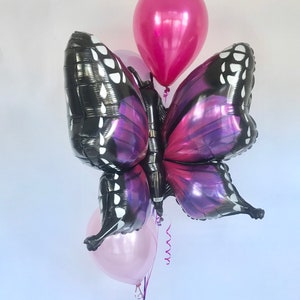 Pu&ograve; includere: Un gruppo di palloncini, tra cui un grande palloncino a forma di farfalla con ali nere e viola, e tre palloncini rotondi pi&ugrave; piccoli rosa e magenta. Il palloncino a farfalla ha dettagli bianchi.