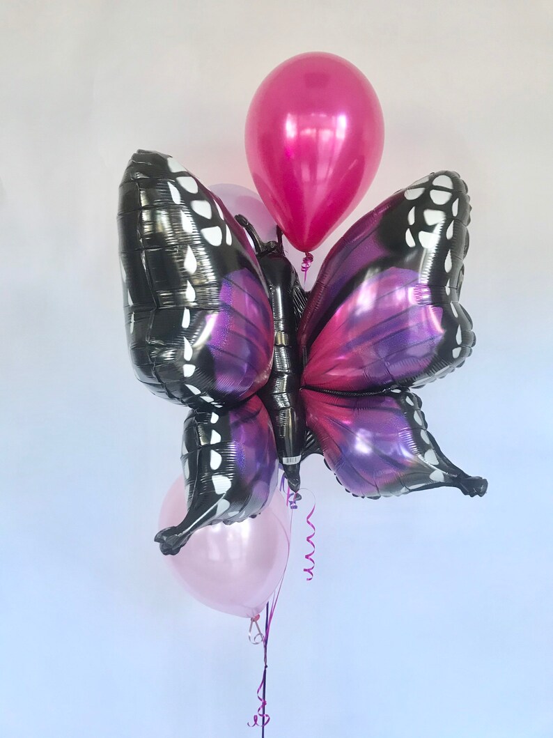 Pu&ograve; includere: Un gruppo di palloncini, tra cui un grande palloncino a forma di farfalla con ali nere e viola, e tre palloncini rotondi pi&ugrave; piccoli rosa e magenta. Il palloncino a farfalla ha dettagli bianchi.