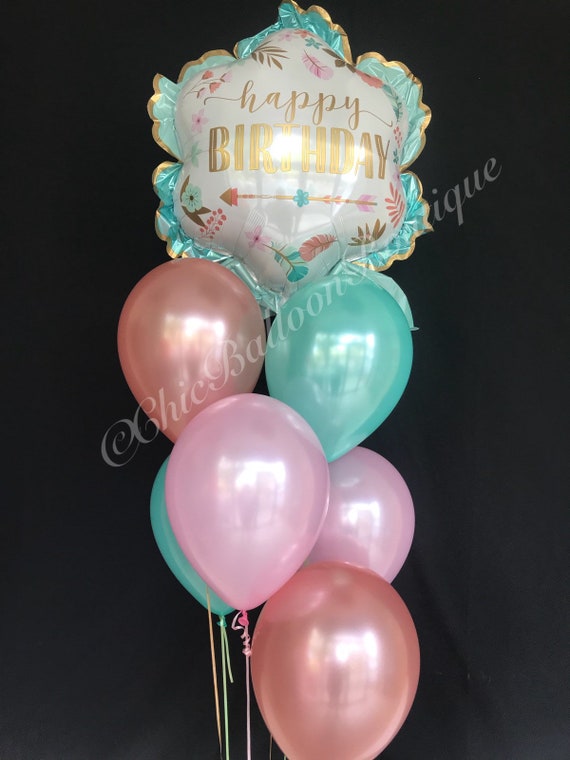 Rose Gold Pink Mint Green Balloons Tribal Birthday Balloons Boho Floral Decor First Birthday Balloons Feathers And Arrow Balloons