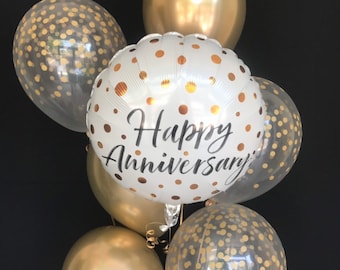 Anniversary Balloons - Golden Anniversary Party Decorations - Gold Chrome & Gold Confetti Balloons - Gold Anniversary - Anniversary Balloons