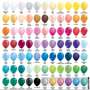 May include: A chart of 100 different colored balloons, each with a name and description. The balloons are arranged in rows and columns, with the colors ranging from white to black.