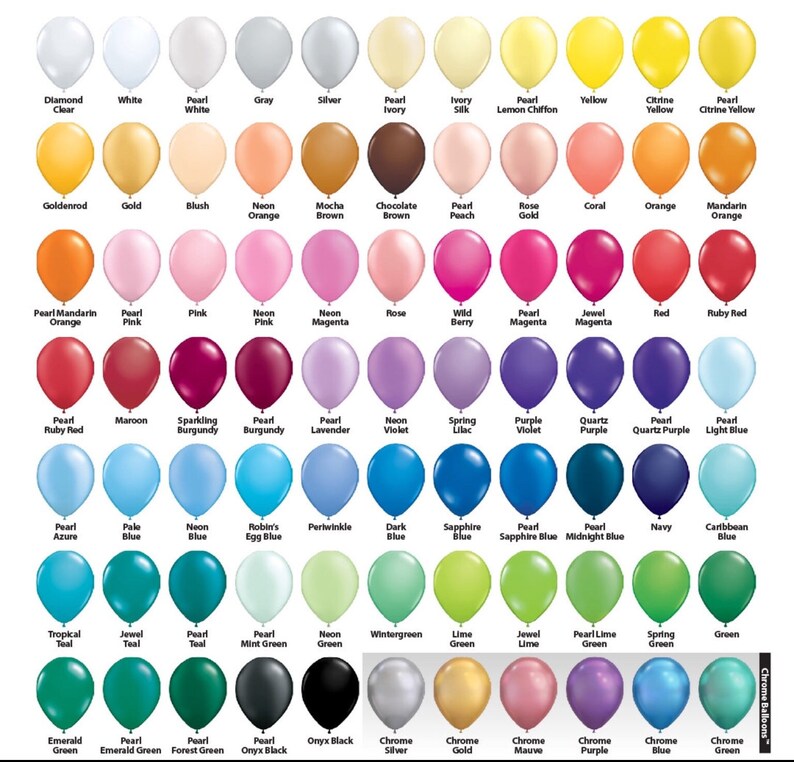 May include: A chart of 100 different colored balloons, each with a name and description. The balloons are arranged in rows and columns, with the colors ranging from white to black.