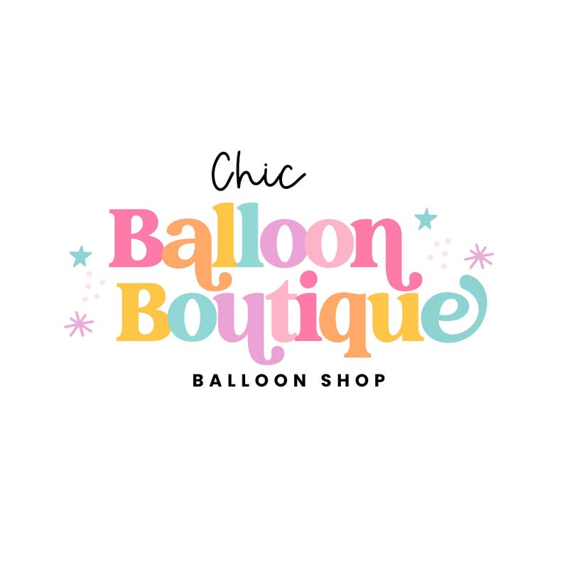 K&ouml;nnte beinhalten: Ein farbenfrohes Logo f&uuml;r einen Ballonladen namens "Chic Balloon Boutique". Das Logo zeigt den Ladennamen in einer verspielten Schriftart mit Sternen und Punkten drumherum. Der Text "Balloon Shop" befindet sich unter dem Ladennamen.