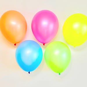May include: Five balloons in different colours: orange, pink, yellow, blue, and green. The balloons are arranged in a semi-circle on a white background.