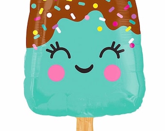May include: A teal blue and brown popsicle balloon with a smiling face, chocolate drizzle, and colorful sprinkles. The balloon is shaped like a popsicle on a stick.