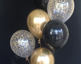 Black Gold & Confetti Balloons - Graduation Balloons, Wedding Decorations Black and Gold Decorations Anniversary Balloon Birthday