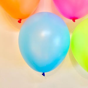 May include: Four balloons in different colours: orange, pink, light blue, and green. The balloons are arranged in a semi-circle on a white background.