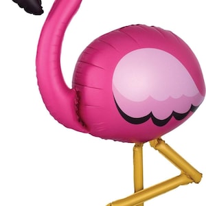May include: Pink inflatable flamingo balloon with a gold stand. The flamingo has a black eye and a pink wing.