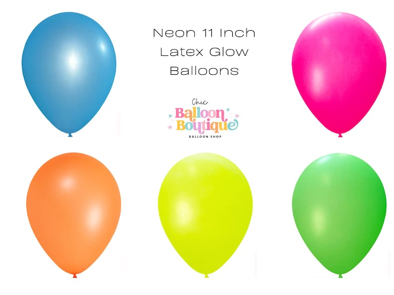 May include: Five 11 inch neon latex glow balloons in blue, pink, orange, yellow, and green. Chic Balloon Boutique Balloon Shop.