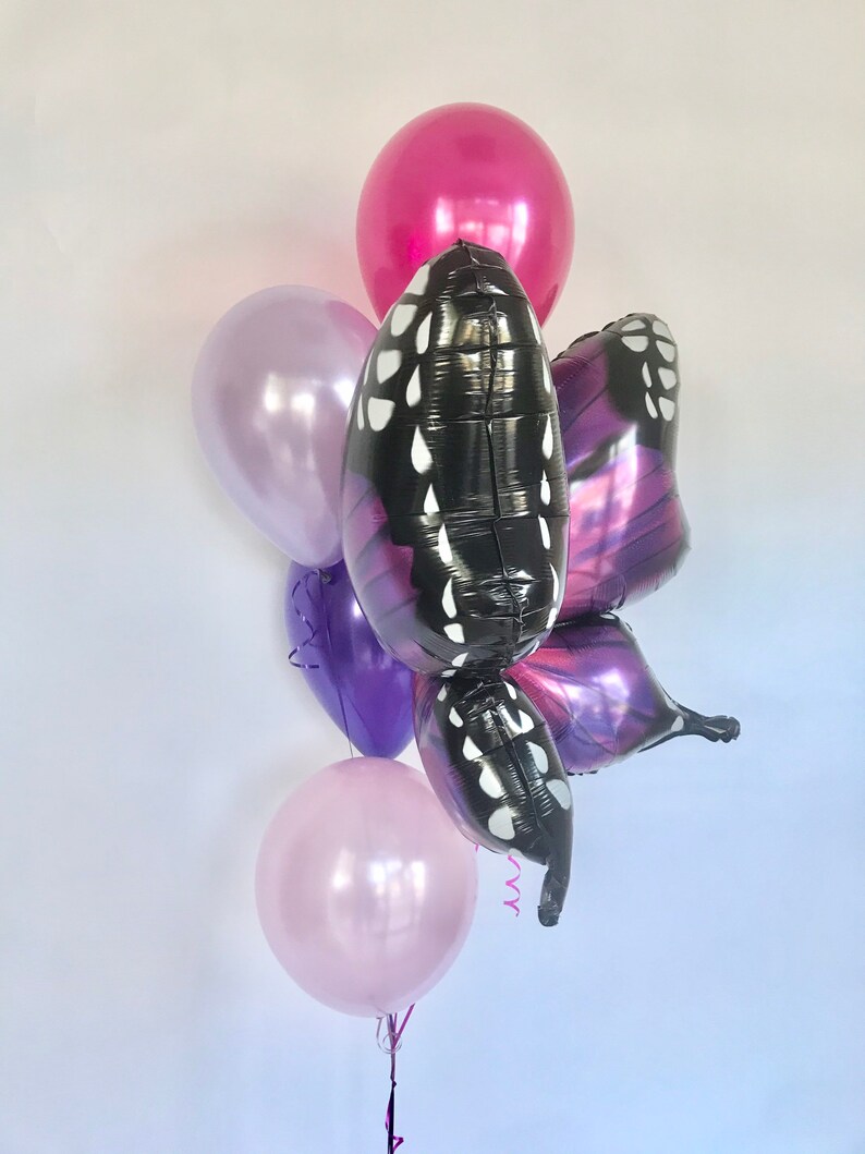 Pu&ograve; includere: Un gruppo di palloncini nei toni del rosa, viola e nero. Il pezzo forte &egrave; un palloncino a forma di farfalla con ali nere e pois bianchi. Altri palloncini sono rotondi e in tinta unita, creando una composizione festosa.