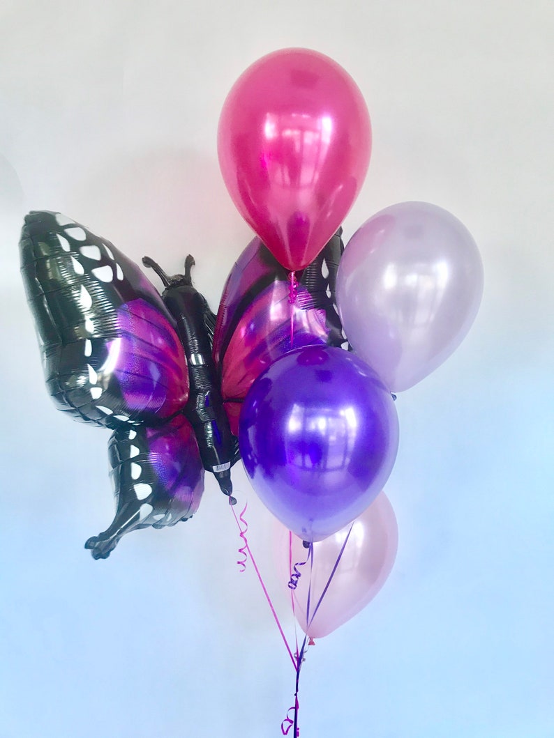 Pu&ograve; includere: Un grappolo di palloncini nei toni del viola, rosa e magenta. Il pezzo forte &egrave; un grande palloncino a forma di farfalla con ali nere e viola. Altri palloncini rotondi sono legati con nastri, creando una composizione festosa.
