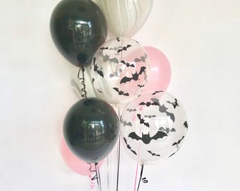 Bat Bouquet Pink Black Halloween Balloons 11 inch Latex 8 Pack for Spooky One Boo Day Birthday or Perfect for a Halloween Baby Shower