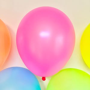 May include: Five colourful balloons in various shades of pink, blue, green, and yellow. The balloons are arranged in a semi-circle on a white background.