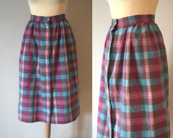 Vintage 80/'s plaid high waist button down midi skirt Size XS S