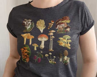 May include: A dark gray t-shirt with a colorful mushroom print. The shirt features a variety of mushrooms in different shapes and sizes, including red, brown, and white mushrooms.