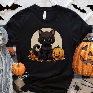 黒猫シャツ、猫好き、ナイトシャツ、猫ハロウィンTシャツ、面白いハロウィンTシャツ、黒猫カボチャシャツ、ハロウィンギフト、