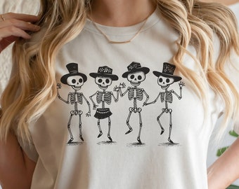 Camicia di Halloween con scheletri danzanti, camicia di Halloween retrò, camicia di Halloween fantasma vintage, camicia da strega, camicia autunnale retrò, camicia autunnale