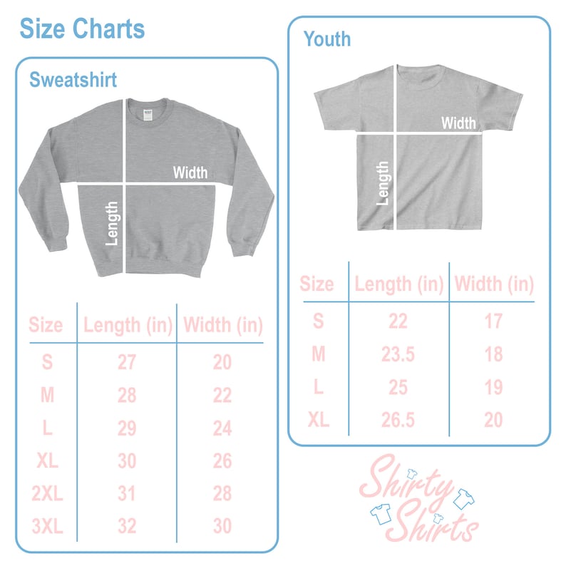 May include: Size chart for sweatshirts and youth shirts. The chart shows the length and width in inches for each size, from small to 3XL for sweatshirts and from small to XL for youth shirts.
