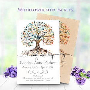 May include: Wildflower seed packets with a watercolor tree design. The packets are personalized with the text "in loving memory" and the name Sandra Anne Parker, with dates. The packets also include instructions for planting wildflower seeds.