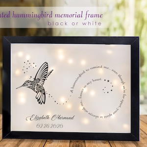 Sympathy gift, memorial gift, lighted hummingbird memorial frame, keepsake frame, grieving, mourning, bereavement, remembrance, personalized