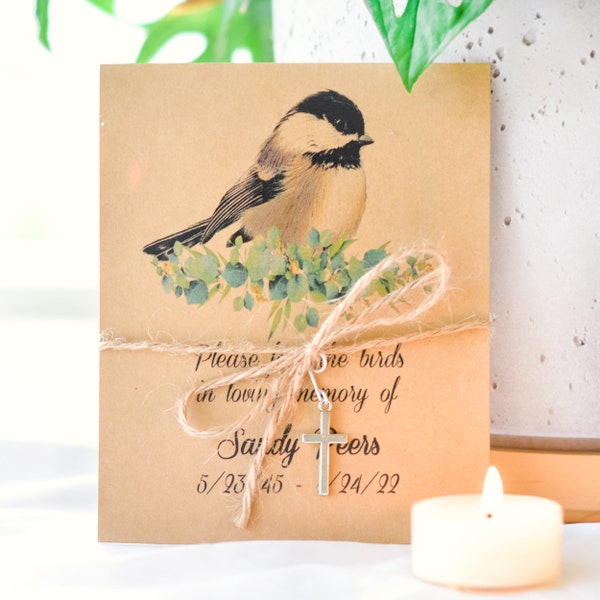 Chickadee celebration of life, bird seed card pack, memorial gift for guests, funeral favor, personalized remembrance, 0040