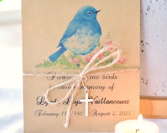 Blue bird, celebration of life, bird seed card pack, memorial gift for guests, funeral favor, sympathy gift, personalized remembrance, 0038