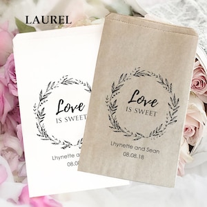 Love Is Sweet Wedding Favor Bag |  Wedding Treat Bag |  Kraft Favor Bags | Wedding Popcorn Bags | Rustic Wedding Bag | laurel wreath 5" x 7"