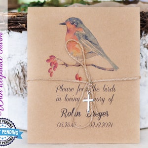 Funeral favor robin memorial seeds Celebration of life bird seed packet Condolence gift Seed pack Rustic memorial vintage bereavement