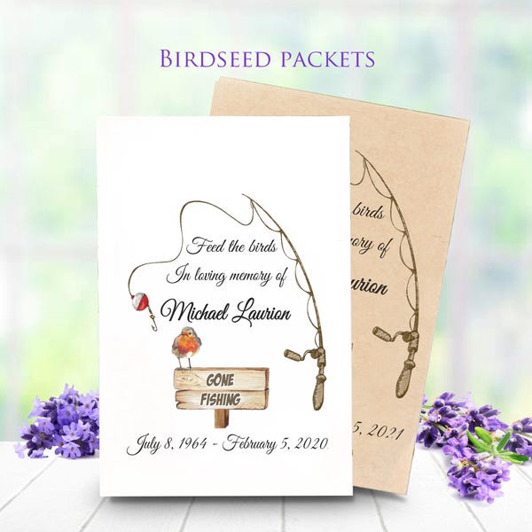 Fishing Memorial Seed Packets, Celebration Of Life, Birdseed Packet Favor, Funeral Favor Keepsake, Personalized In Loving Memory, 0065