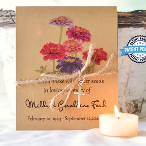 Wildflower Seed Packet Funeral Favors: Zinnia Design Personalized Memorial Gifts, Mother or Father Remembrance