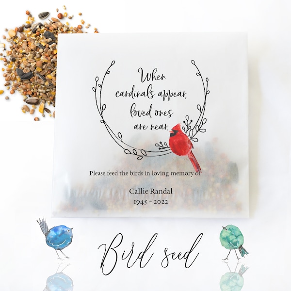 Memorial bird seed pack, glassine packs, cardinal memorial favor, remembrance gift, celebration of life, Personalized sympathy gift