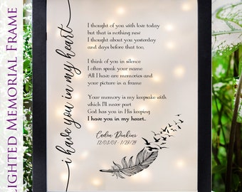 I have you in my heart, Sympathy Gift, Lighted Memorial Frame, Lighted Keepsake Frame, In Loving memory, Remembrance Gift, Shadow Box, SALE