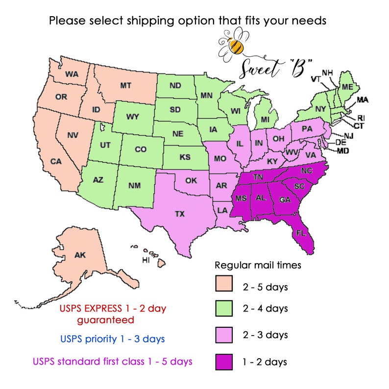 Op de afbeelding: Een kaart van de VS met kleurgecodeerde staten die de reguliere posttijden aangeven. De kaart bevat de tekst "Please select shipping option that fits your needs" en "Sweet B". De verzendtijden vari&euml;ren van 1-5 dagen, afhankelijk van de service.