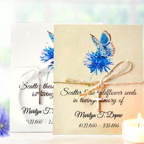Wildflower Seed Packet Memorial Favors: Personalized Blue Butterfly Funeral Favors