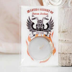 Biker Memorial Candle, Funeral Gifts for Guests, Motorcycle Funeral Favor, Remembrance Candle Gifts, Celebration of Life, Personalized