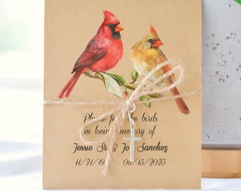 Cardinal Pair celebration of life, bird seed card pack, memorial gift for guests, funeral favor, personalized remembrance, 0041