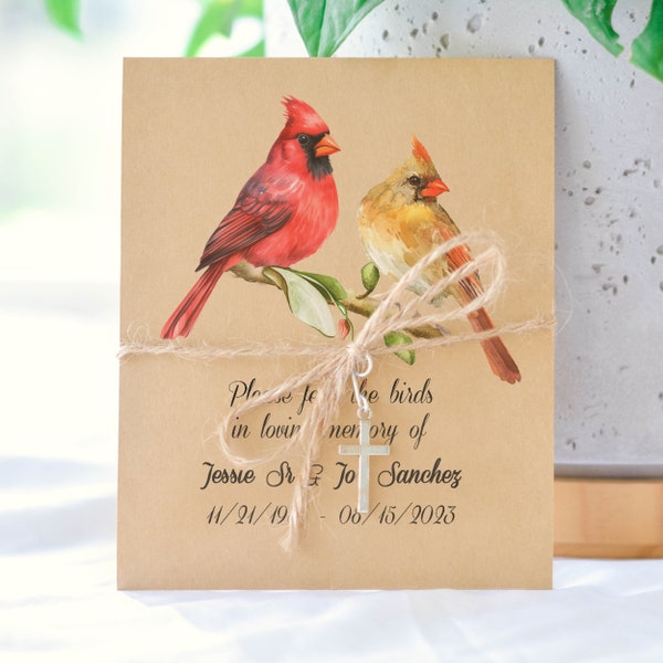 Cardinal Pair celebration of life, bird seed card pack, memorial gift for guests, funeral favor, personalized remembrance, 0041