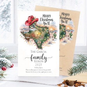 May include: A rectangular card featuring a watercolor map of Texas decorated with Christmas lights, a red cowboy hat, and a star. The text reads Merry Christmas Ya'll, The Garcia Family Reunion 2025, and instructions for mulling spices in 16oz of liquid.