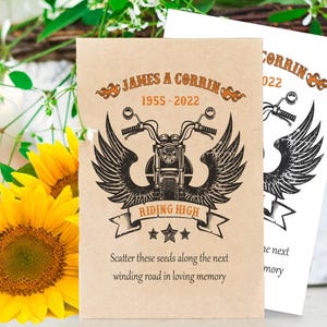 Biker memorial favor, funeral seed pack, motorcycle funeral, harley, sunflower seed packs, sympathy gift, celebration of life, personalized