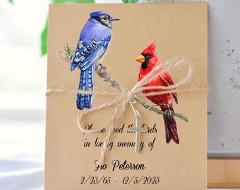 Birdseed Funeral Favor Seed Packets, Blue Jay & Cardinal Personalized Memorial Gifts for guests, 0037