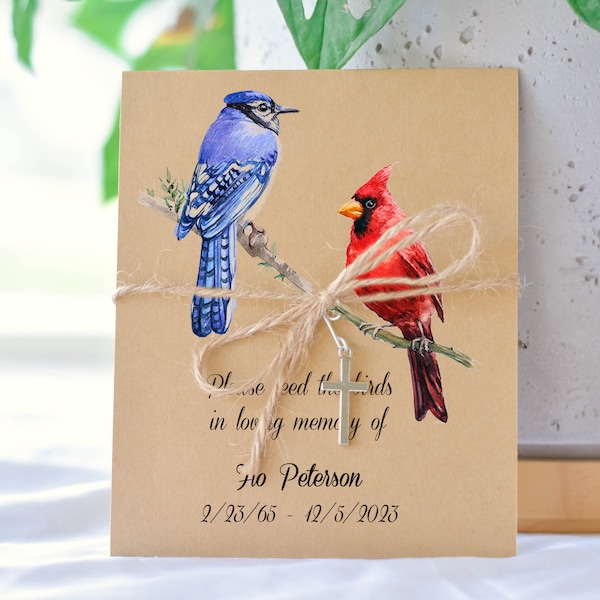 Celebration Of Life Gifts, Memorial Seed Pack, Funeral Favors,  Bird Seed Packet, Blue Jay & Cardinal, Memorial Gifts for guests 0037