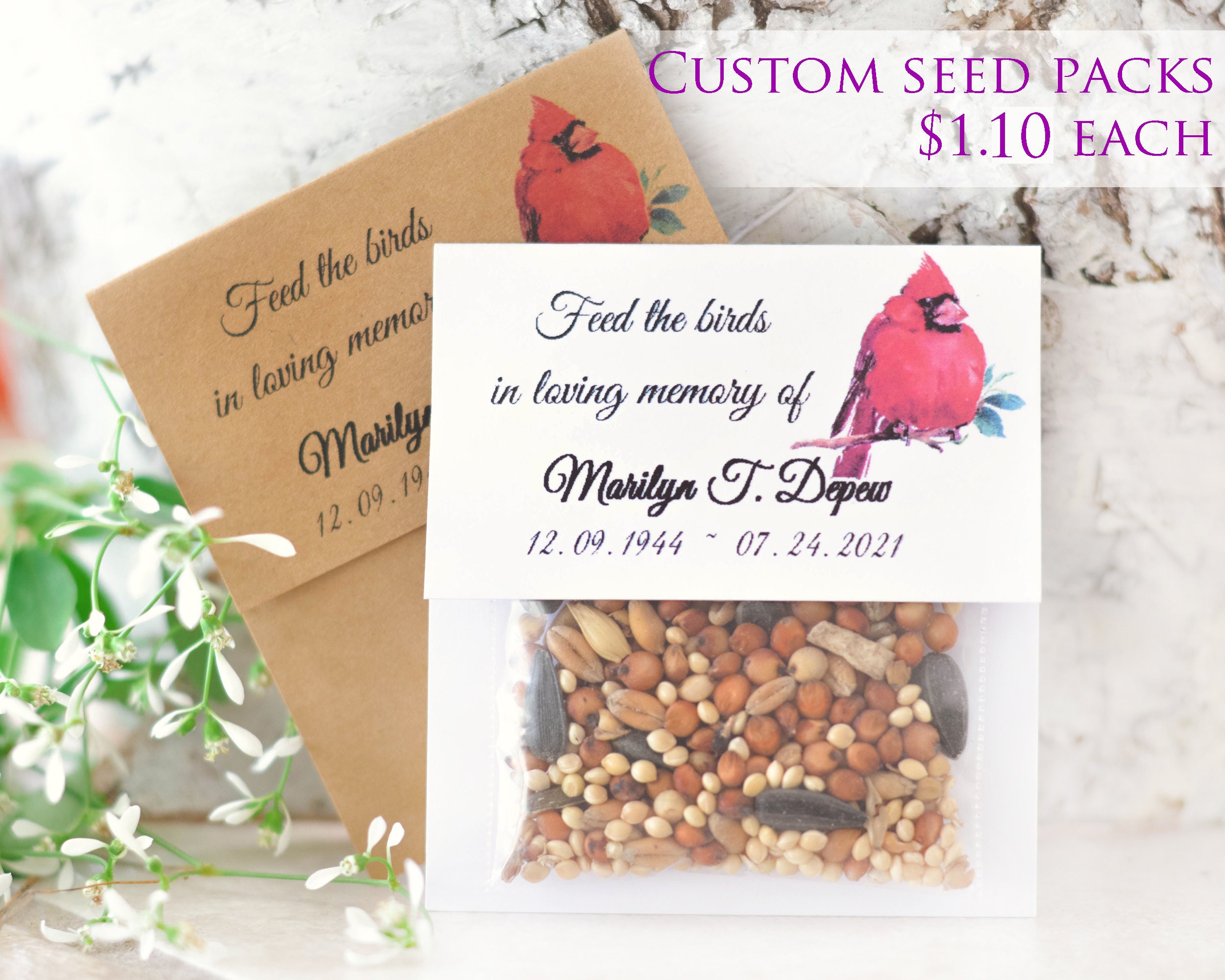 Birdseed Packet Personalized Funeral Favors, Cardinal Memorial