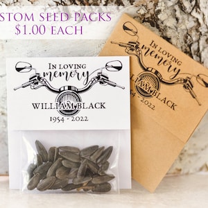Biker memorial seed pack, motorcycle funeral favor, celebration of life, sympathy gift, Sunflower packs, personalized remembrance, mini pack