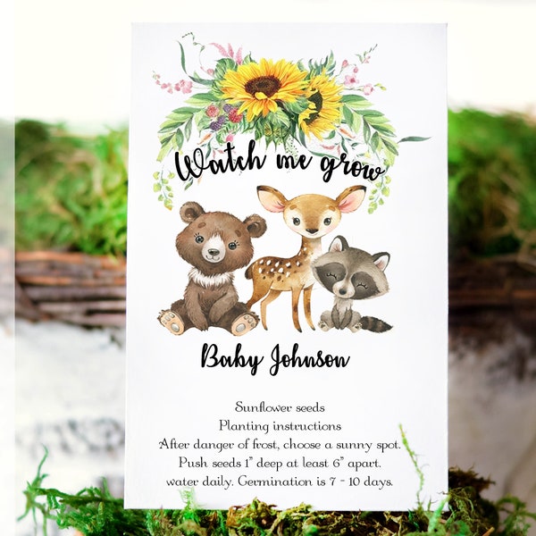 Woodland animals, Baby shower favor, sunflower seed favor, flower seeds, Custom seed packs, Eco-friendly, Birthday party Boho rustic Garden