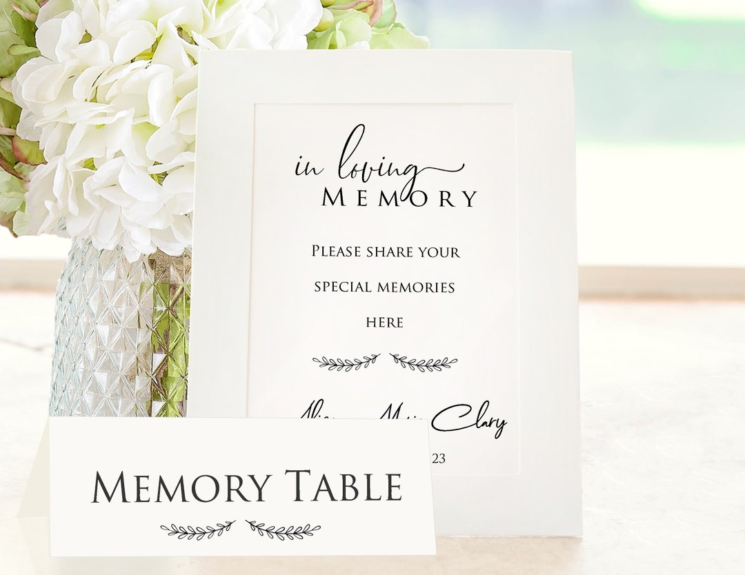 Set of 2 white memory table signs memorial service sign set for