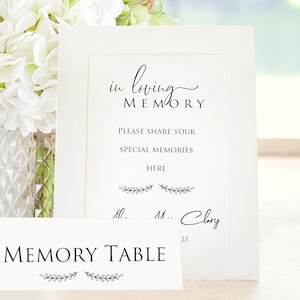 May include: A white framed sign with the text "in loving MEMORY" and "PLEASE SHARE YOUR SPECIAL MEMORIES HERE". A smaller sign reads "MEMORY TABLE". Floral accents and a vase of white flowers are in the background.