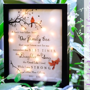 Sympathy gift, memorial gift, lighted cardinal memorial frame, keepsake frame, grieving, mourning, bereavement, remembrance, personalized