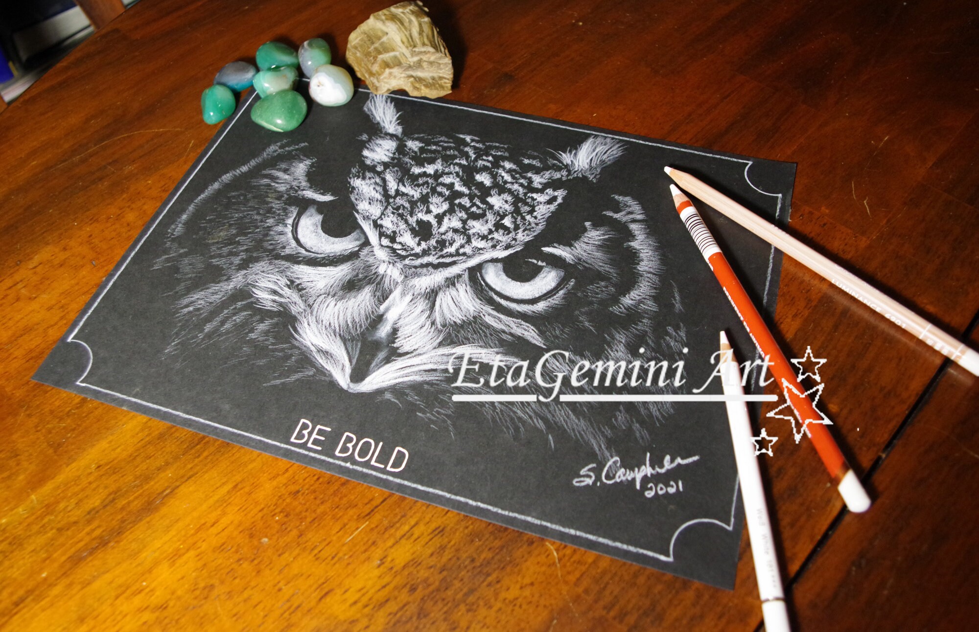 Owl White Colored Pencil Art Drawing, 9x12", Inspirational Nature Illustration